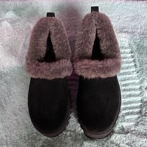 UGG Black and Gray Fur-Lined Platform Slippers/Shoes.